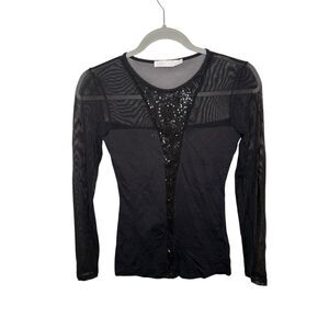 Anne Fontaine Long Sleeve Mesh Blouse Black Sequin Detail Size 38